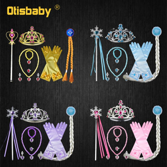 Halloween Girls Princess Accessories Set Elsa Anna Rapunzel Aurora Jasmine Crown Magic Wand Necklace Gloves Wig Party Headwear
