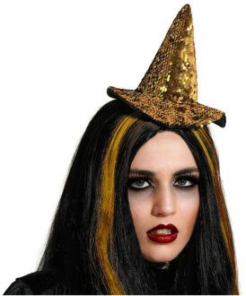 Halloween heksenhoed - mini hoedje op diadeem - one size - goud glitter - meisjes/dames - Verkleedhoofddeksels Goudkleurig