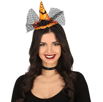 Halloween heksenhoed - mini hoedje op diadeem - one size - oranje - meisjes/dames