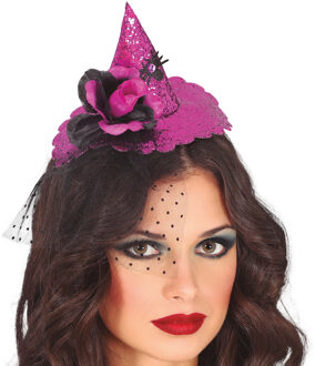 Halloween heksenhoed - mini hoedje op diadeem - one size - roze - meisjes/dames