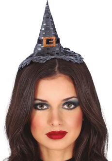 Halloween heksenhoed - mini hoedje op diadeem - one size - zilver - meisjes/dames - Verkleedhoofddeksels Zilverkleurig