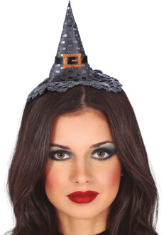 Halloween heksenhoed - mini hoedje op diadeem - one size - zilver - meisjes/dames