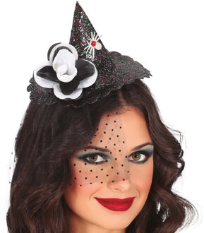 Halloween heksenhoed - mini hoedje op diadeem - one size - zwart glitter - meisjes/dames - Verkleedhoofddeksels Wit