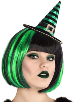 Halloween heksenhoed - mini hoedje op diadeem - one size - zwart/groen - meisjes/dames - Verkleedhoofddeksels