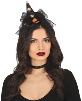 Halloween heksenhoed - mini hoedje op diadeem - one size - zwart/oranje - meisjes/dames