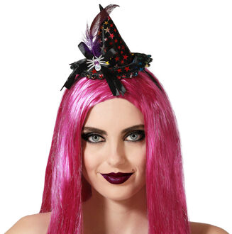 Halloween heksenhoed - mini hoedje op diadeem - one size - zwarte sterren - meisjes/dames - Verkleedhoofddeksels