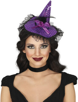 Halloween heksenhoed - op diadeem/haarband - paars - meisjes/dames