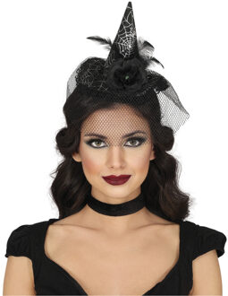 Halloween heksenhoed - op diadeem/haarband - zwart - one size - meisjes/dames