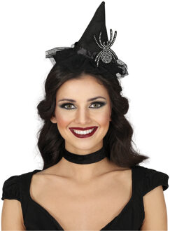 Halloween heksenhoed - op diadeem/haarband - zwart - spin - one size - meisjes/dames