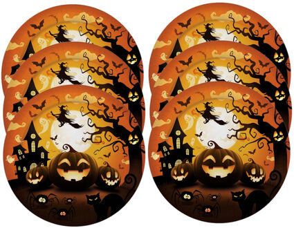 Halloween/horror pompoen bordjes - 12x - zwart - papier - D23 cm - Feestbordjes