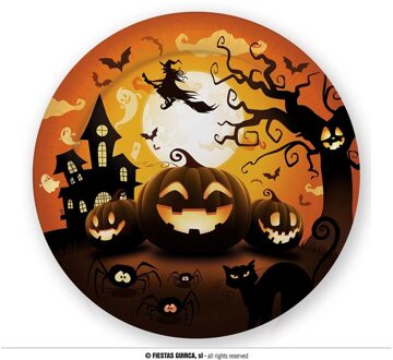 Halloween/horror pompoen bordjes - 6x - zwart - papier - D23 cm - Feestbordjes