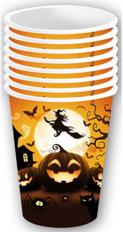 Halloween/horror pompoen feest bekers - 18x - zwart - papier - 240 ml