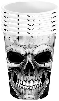 Halloween/horror schedel/doodshoofd feest bekers - 12x - zwart - papier - 240 ml - Feestbekertjes