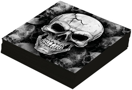 Halloween/horror schedel/doodshoofd servetten - 12x - zwart - papier - 33 cm - Feestservetten