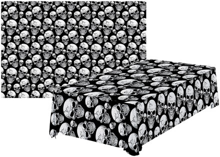 Halloween/horror thema feest tafelkleed - 2x - doodskoppen - zwart/wit - plastic - 137 x 274 cm