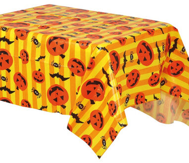 Halloween/horror thema feest tafelkleed - 2x - pompoenen/vleermuizen - geel - PVC - 130 x 175 cm