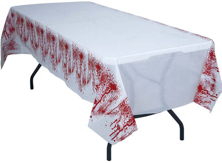 Halloween/horror thema feest tafelkleed - bloedspetters - rood/wit - plastic - 137 x 277 cm - Feesttafelkleden