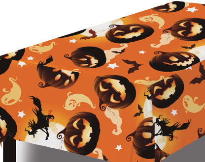 Halloween/horror thema feest tafelkleed - creepy pompoenen - oranje - plastic - 137 x 274 cm - Feesttafelkleden