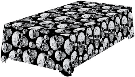 Halloween/horror thema feest tafelkleed - doodskoppen - zwart/wit - plastic - 137 x 274 cm - Feesttafelkleden Grijs
