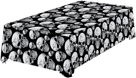 Halloween/horror thema feest tafelkleed - doodskoppen - zwart/wit - plastic - 137 x 274 cm Grijs