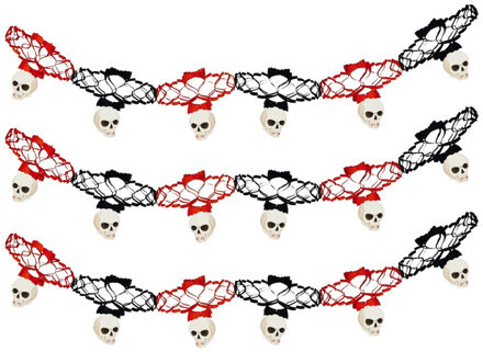 Halloween/horror thema feestslinger - 3x - doodskop - papier - 200 cm - feest versiering