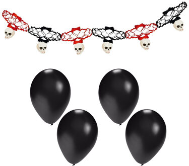 Halloween/horror thema feestslinger - doodskop - papier - 200 cm - incl. 10x ballonnen zwart