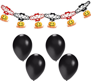 Halloween/horror thema feestslinger - pompoen - papier - 200 cm - incl. 10x ballonnen zwart