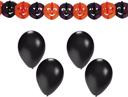 Halloween/horror thema feestslinger - pompoen - papier - 300 cm - versiering - incl. 10x ballonnen