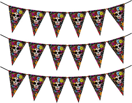 Halloween/horror thema vlaggenlijn - 3x - Day of the Dead - kunststof - 300 cm - vlaggetjes versieri