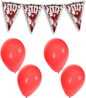 Halloween/horror thema vlaggenlijn - bloederige hand - 400 cm - incl. 10x ballonnen rood