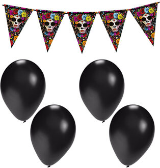 Halloween/horror thema vlaggenlijn - Day of the Dead - 300 cm - incl. 10x ballonnen zwart