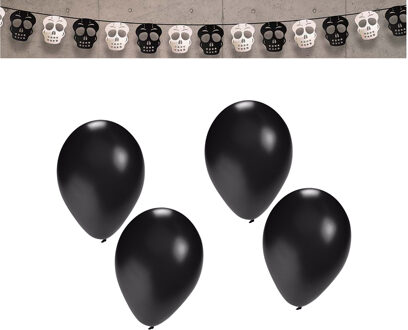 Halloween/horror thema vlaggenlijn - doodskop - papier - 275 cm - incl. 10x ballonnen zwart