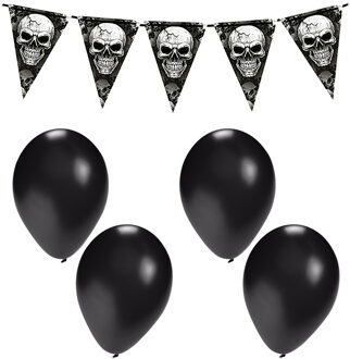 Halloween/horror thema vlaggenlijn - doodskop/skull - 400 cm - incl. 10x ballonnen zwart
