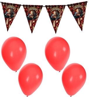Halloween/horror thema vlaggenlijn - horrorclown circus - 400 cm - incl. 10x ballonnen rood