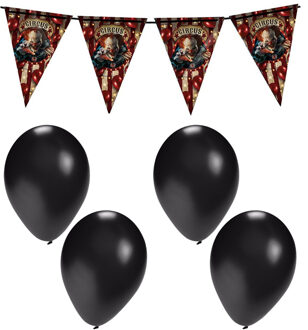 Halloween/horror thema vlaggenlijn - horrorclown circus - 400 cm - incl. 10x ballonnen zwart