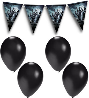 Halloween/horror thema vlaggenlijn - kerkhof hand - 400 cm - incl. 10x ballonnen zwart