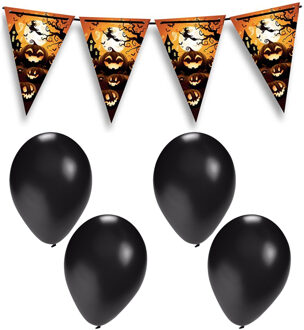 Halloween/horror thema vlaggenlijn - pompoen - 400 cm - incl. 10x ballonnen zwart