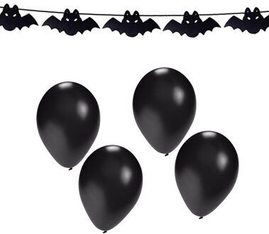 Halloween/horror thema vlaggenlijn - vleermuis - papier - 300 cm - incl. 10x ballonnen zwart