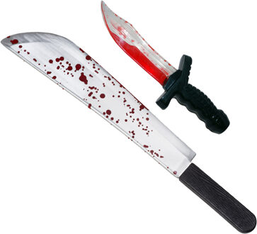 Halloween/horror thema wapens - 2x messen - dolk 25 cm - kapmes 53 cm - kunststof - met bloed