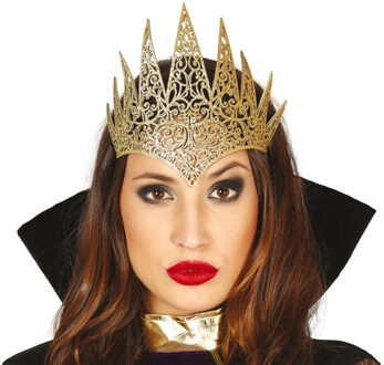 Halloween/horror verkleed diadeem/tiara Evil Queen - gouden kroon - kunststof - dames/meisjes - Verkleedhoofddeksels Goudkleurig