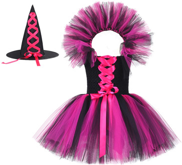 Halloween Hot Pink Wizard Tutu Dress with Hat Girls Witch Costume Children Kids Birthday Clothing Set For Carnival Party Outfit