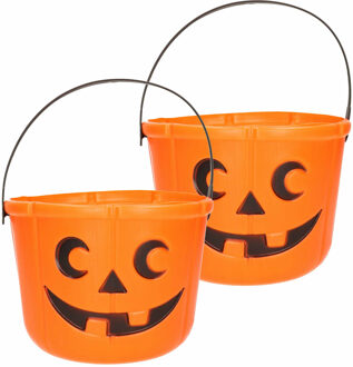 Halloween kunststof snoep emmertje - 2x - oranje pompoen - 12 cm