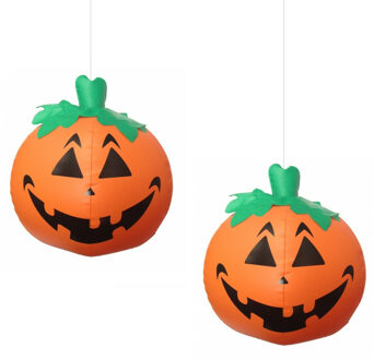 Halloween LED pompoen - 2x - oranje - opblaasbaar - ophangbaar - 24 cm - Opblaasfiguren Multikleur