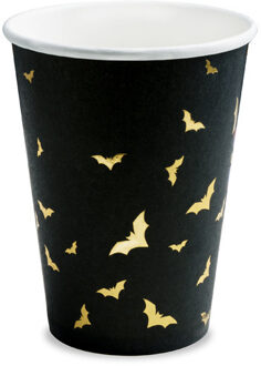 Halloween papieren bekertjes - vleermuizen - 6x stuks - zwart/goud - 220 ml