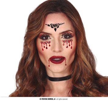 Halloween Plak diamantjes vampier gezicht versiering rood/zwart - Verkleedgezichtdecoratie Multikleur