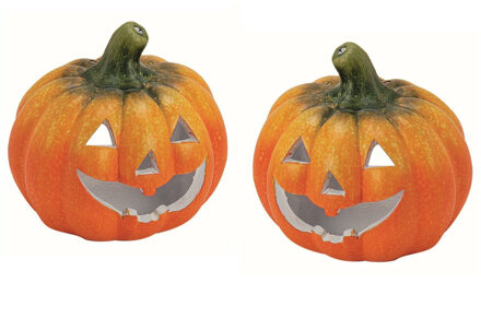 Halloween pompoen theelichthouder - 2x - klei - oranje - 14 x 13 cm - windlichten
