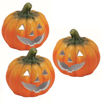 Halloween pompoen theelichthouder - 3x - klei - oranje - 14 x 13 cm - windlichten