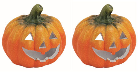Halloween pompoen theelichthouder - Set van 2x stuks - klei - oranje - 14 x 13 cm - windlichten
