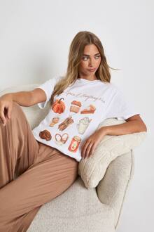 Halloween 'Pumpkin Spice' Grafisch Oversized T-Shirt & Broek Pajamaset, Stone - 38