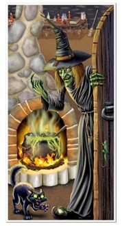 Halloween thema deurposter - heksenketel scene - plastic - 76 x 152 cm - Feestposters Multikleur